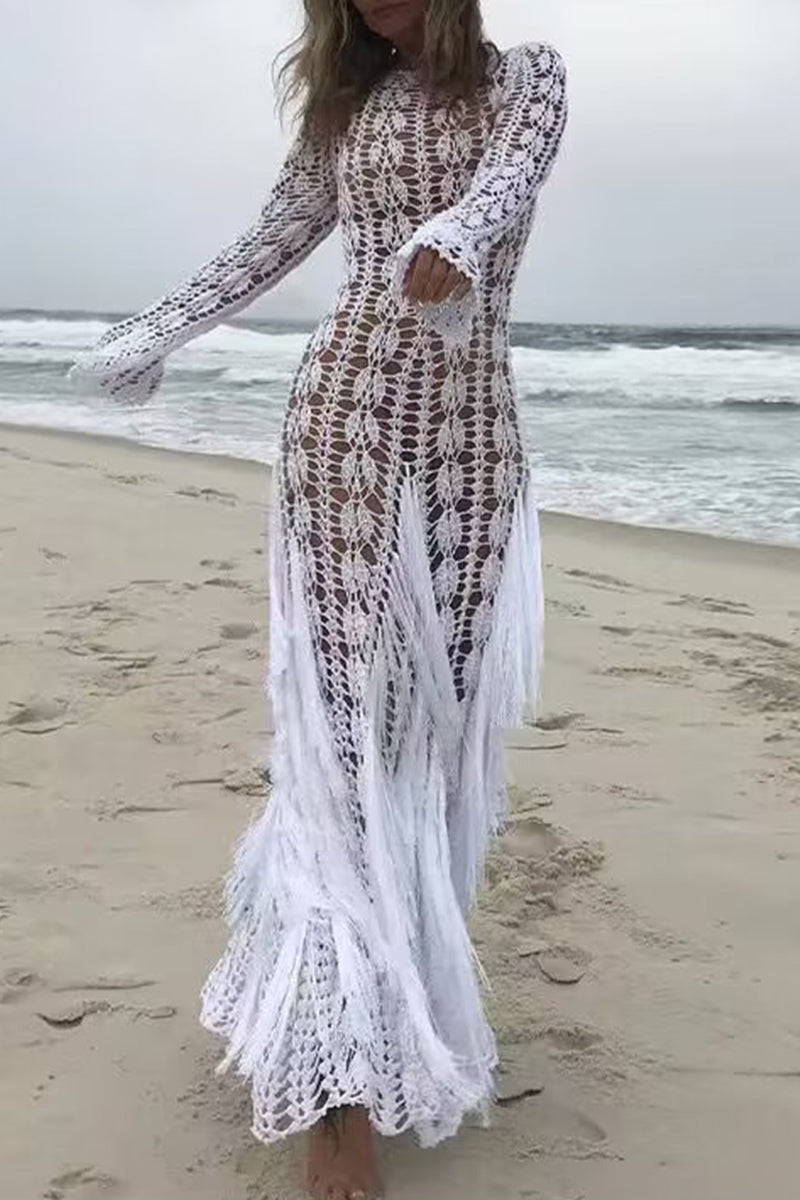 Robes-jupes courtes sexy, couleur unie, décolleté en V, avec franges et trous découpés.