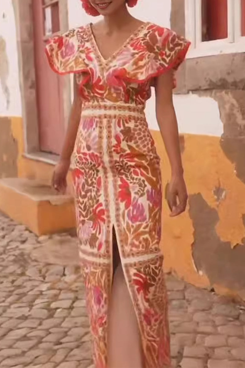 Robes décontractées à fleurs, dos nu, volants, fente, col en V, style A-line.