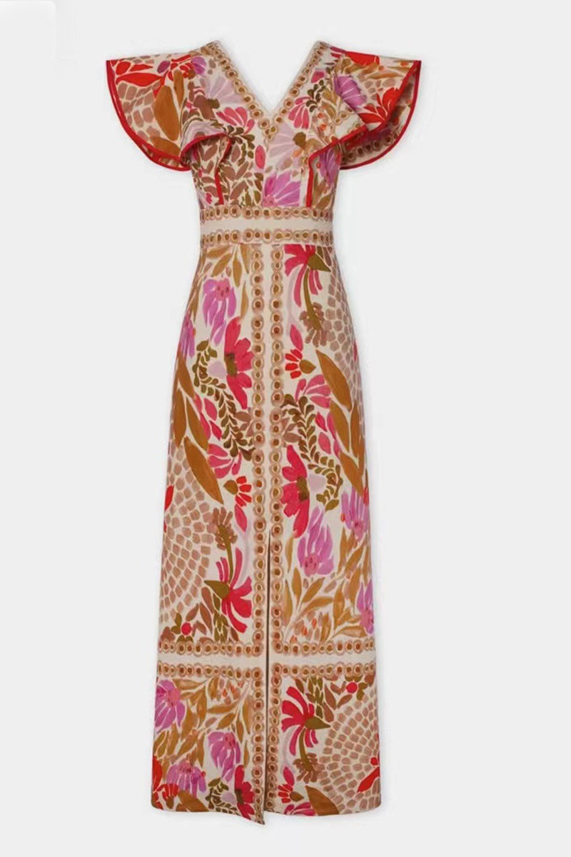 Robes décontractées à fleurs, dos nu, volants, fente, col en V, style A-line.