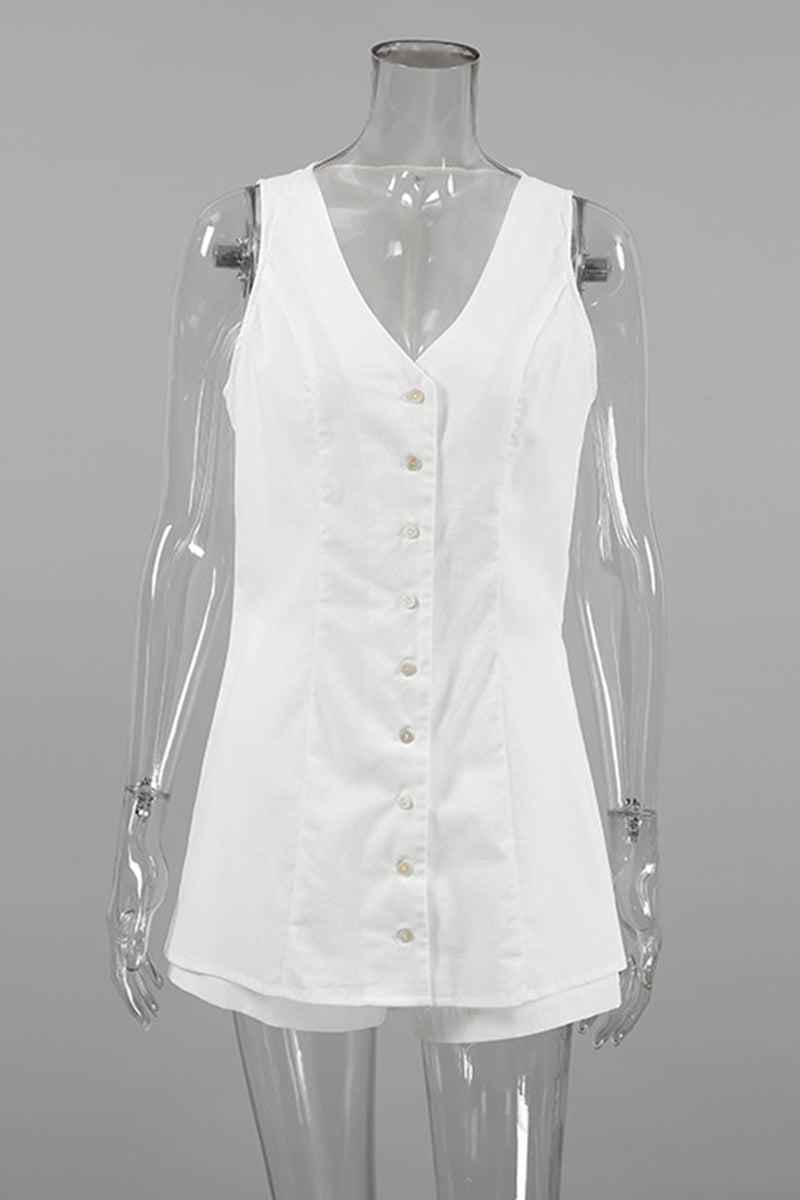 Ensemble deux pièces décontracté, uni, boutonné, col en V, sans manches, pour tous les jours.