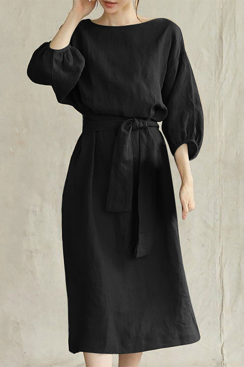 Robes décontractées, longueur midi, col rond, lacets, couleur unie, style A (12 couleurs)