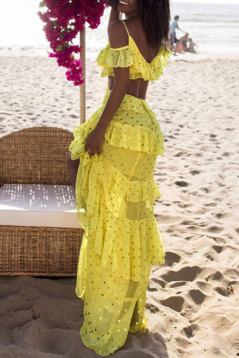 Robes de plage sexy, couleur unie, paillettes, volant, décolleté en V, pour les vacances (4 couleurs)