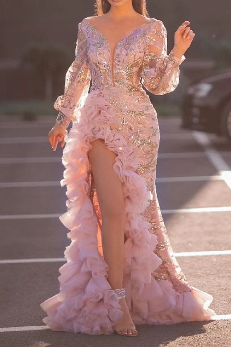 Robes de soirée sexy, couleur unie, paillettes, volant, décolleté en V.