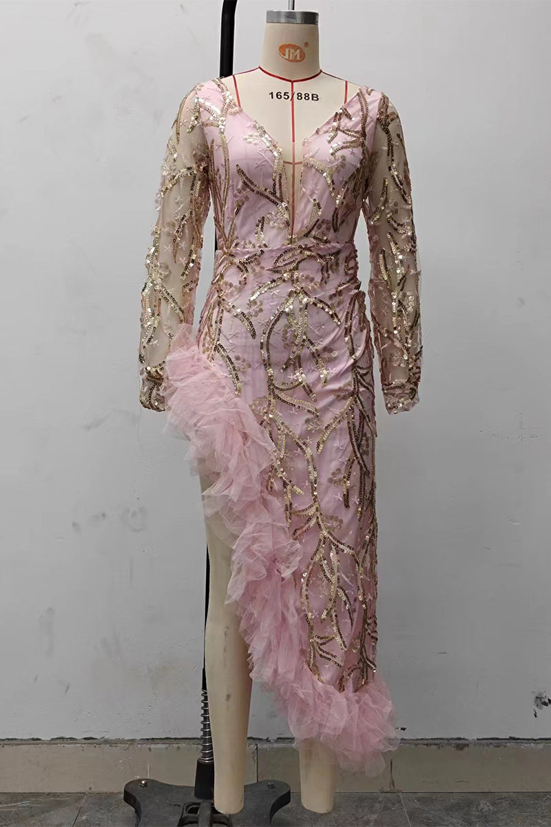 Robes de soirée sexy, couleur unie, paillettes, volant, décolleté en V.