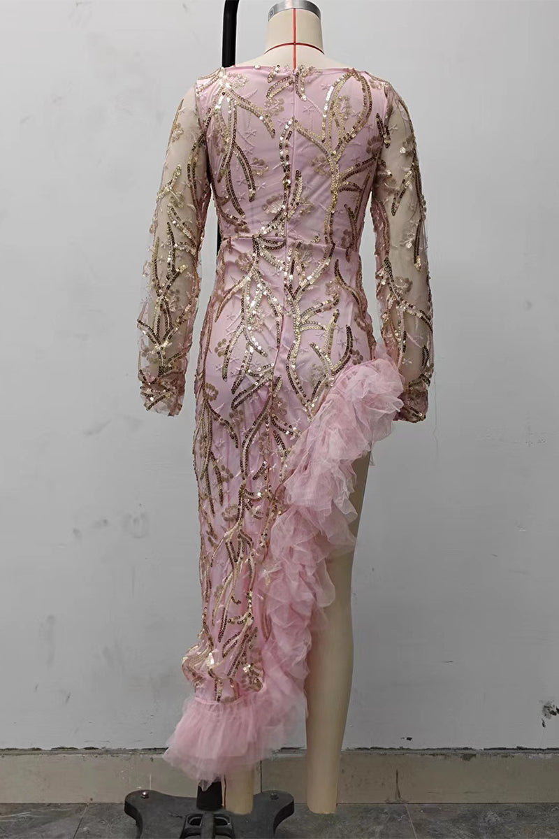 Robes de soirée sexy, couleur unie, paillettes, volant, décolleté en V.