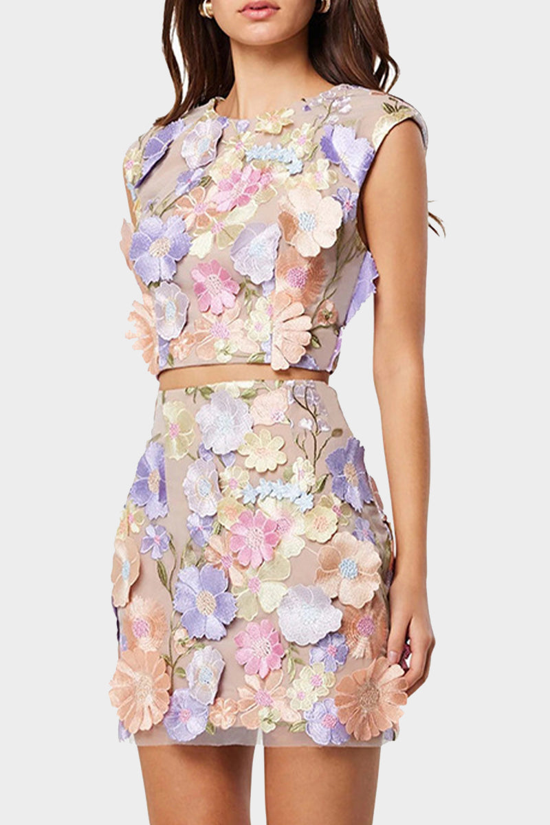 Ensemble deux pièces décontracté, brodé de fleurs, col rond, sans manches (3 couleurs)