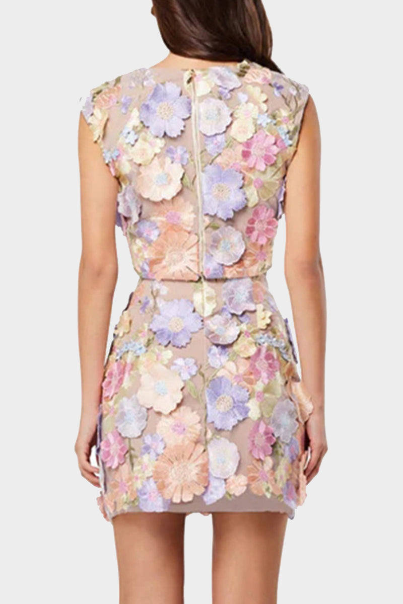 Ensemble deux pièces décontracté, brodé de fleurs, col rond, sans manches (3 couleurs)