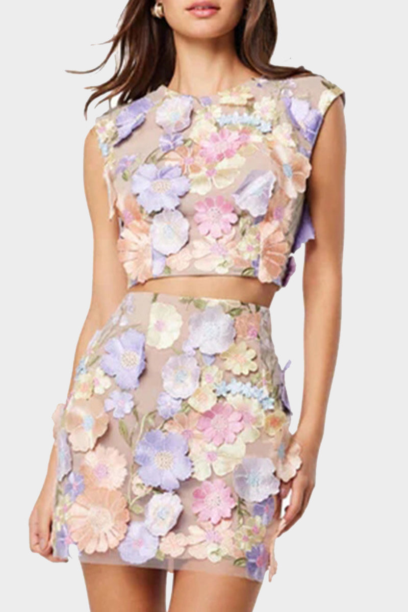 Ensemble deux pièces décontracté, brodé de fleurs, col rond, sans manches (3 couleurs)