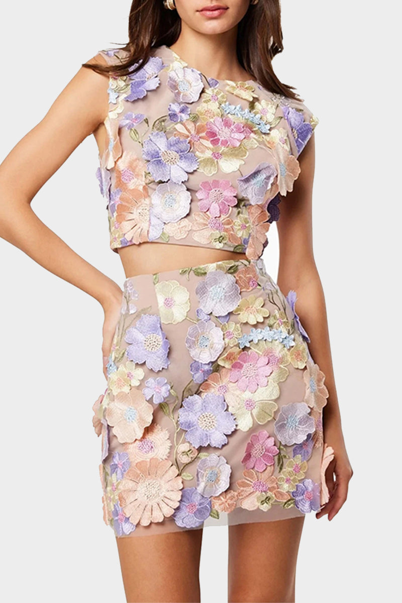 Ensemble deux pièces décontracté, brodé de fleurs, col rond, sans manches (3 couleurs)