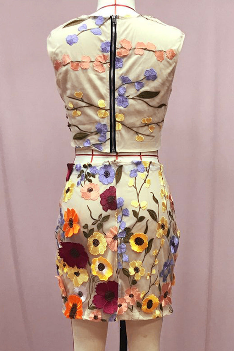 Ensemble deux pièces décontracté, brodé de fleurs, col rond, sans manches (3 couleurs)