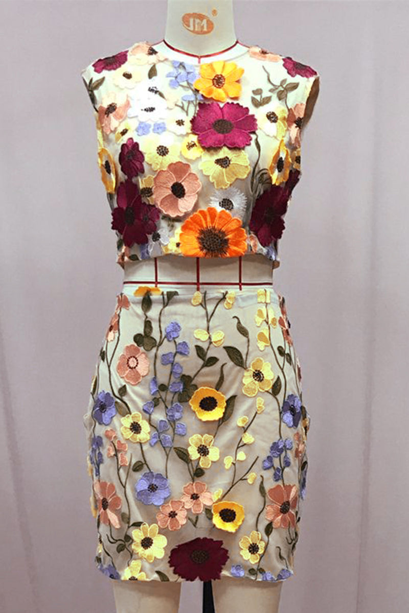 Ensemble deux pièces décontracté, brodé de fleurs, col rond, sans manches (3 couleurs)