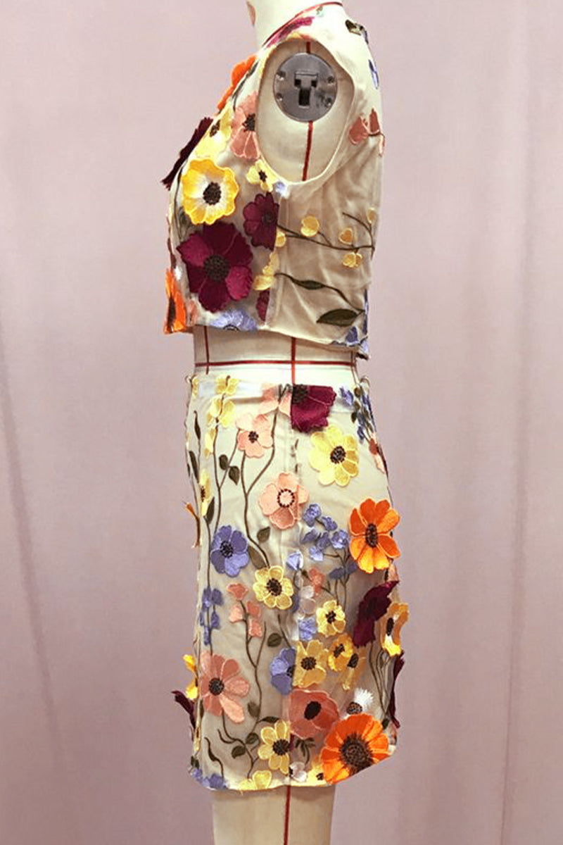 Ensemble deux pièces décontracté, brodé de fleurs, col rond, sans manches (3 couleurs)