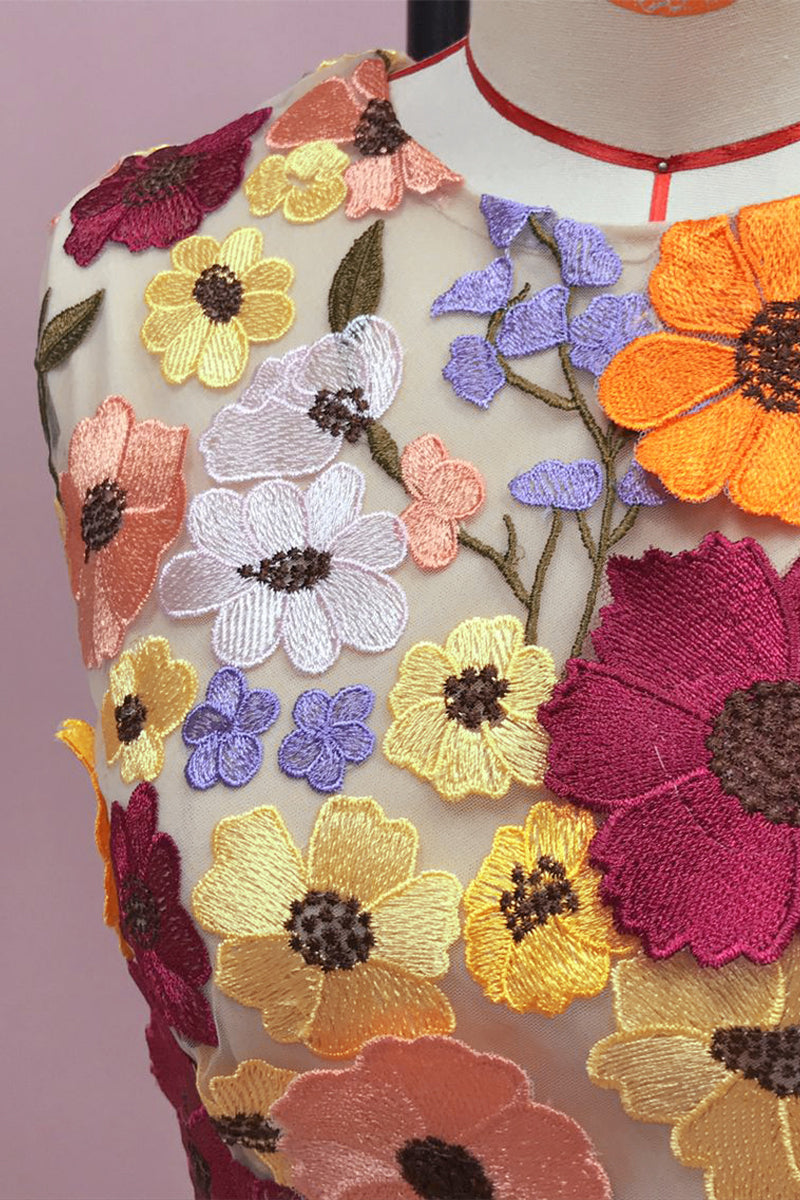 Ensemble deux pièces décontracté, brodé de fleurs, col rond, sans manches (3 couleurs)