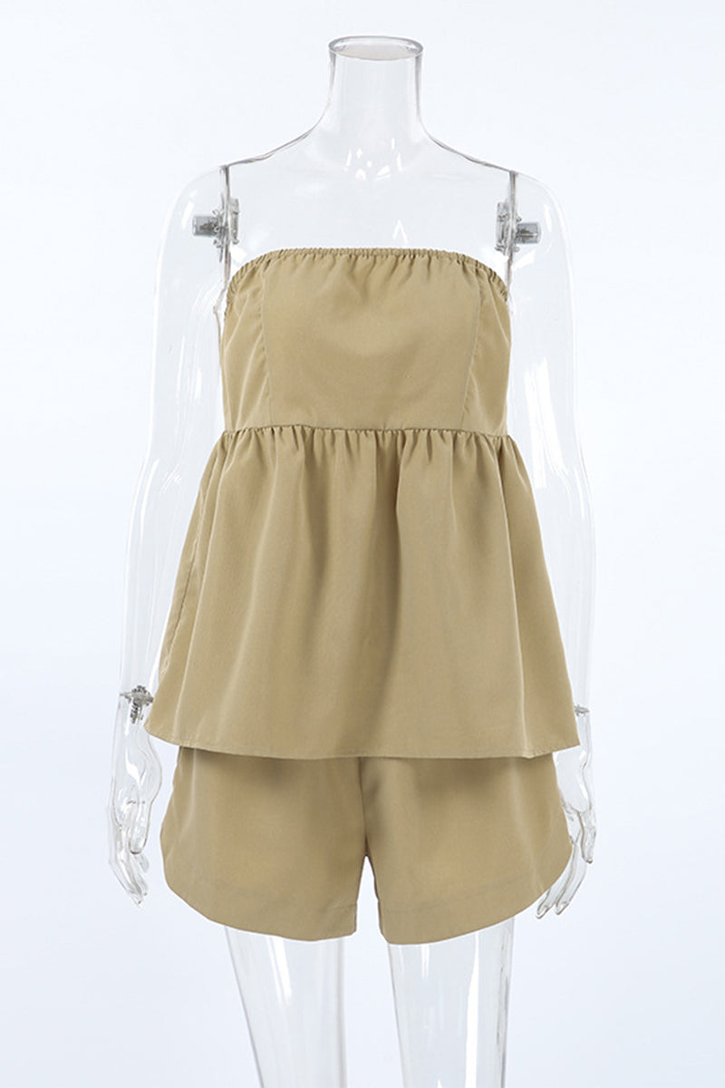 Ensemble deux pièces décontracté, uni, à volants, sans bretelles et sans manches, pour tous les jours.