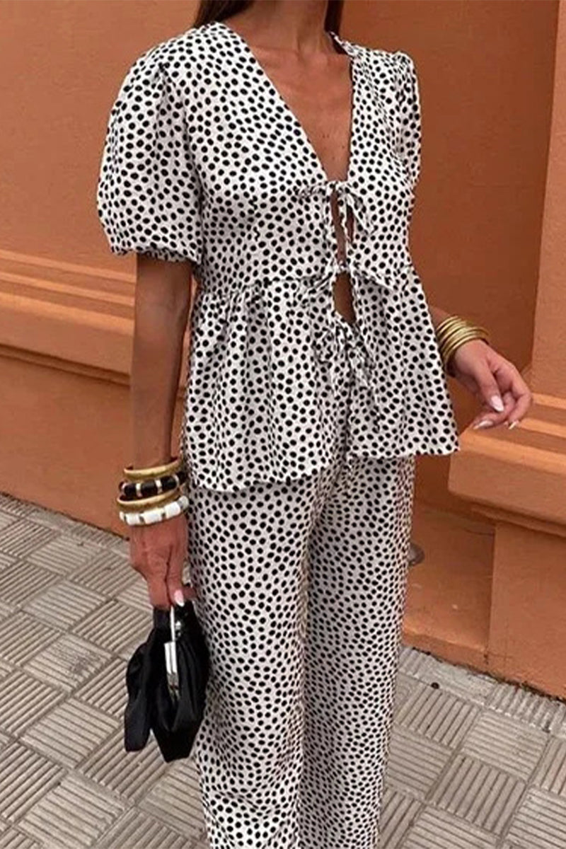 Ensemble deux pièces décontracté à porter au quotidien, avec lacets, col en V et manches courtes (3 couleurs)