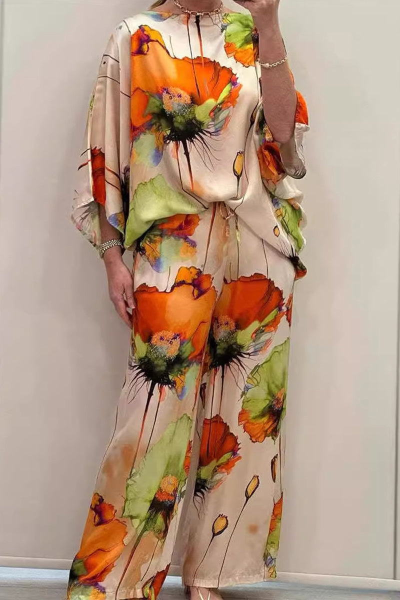 Casual Street Floral Print O Neck Three Quarter Two Pieces