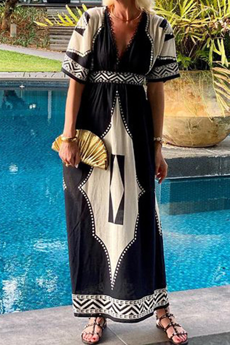 Robe décontractée bohème à imprimé, patchwork en losanges, col en V, style trapèze, manches courtes.