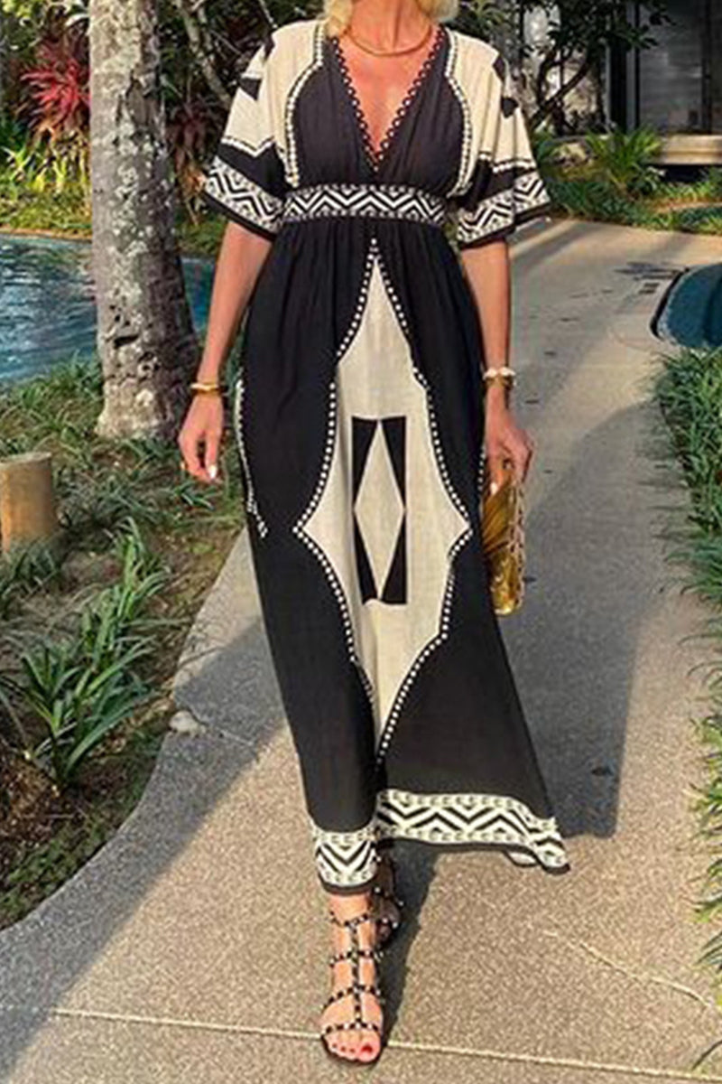 Robe décontractée bohème à imprimé, patchwork en losanges, col en V, style trapèze, manches courtes.