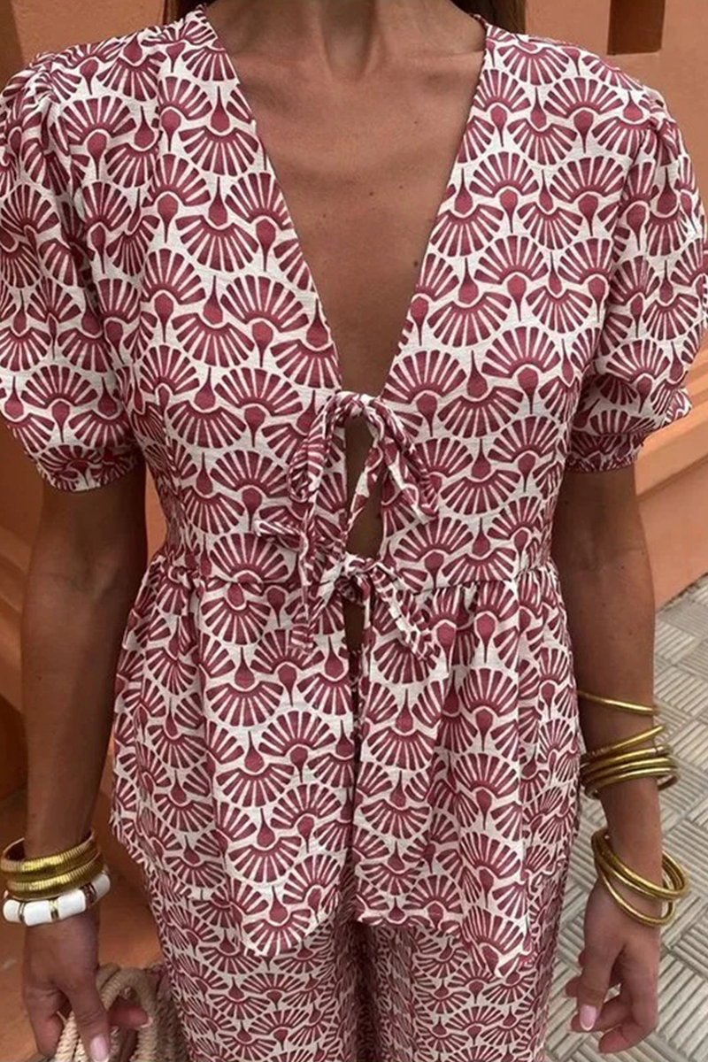 Ensemble deux pièces décontracté à porter au quotidien, avec lacets, col en V et manches courtes (3 couleurs)