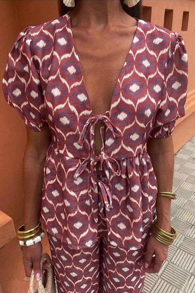 Ensemble deux pièces décontracté à porter au quotidien, avec lacets, col en V et manches courtes (3 couleurs)