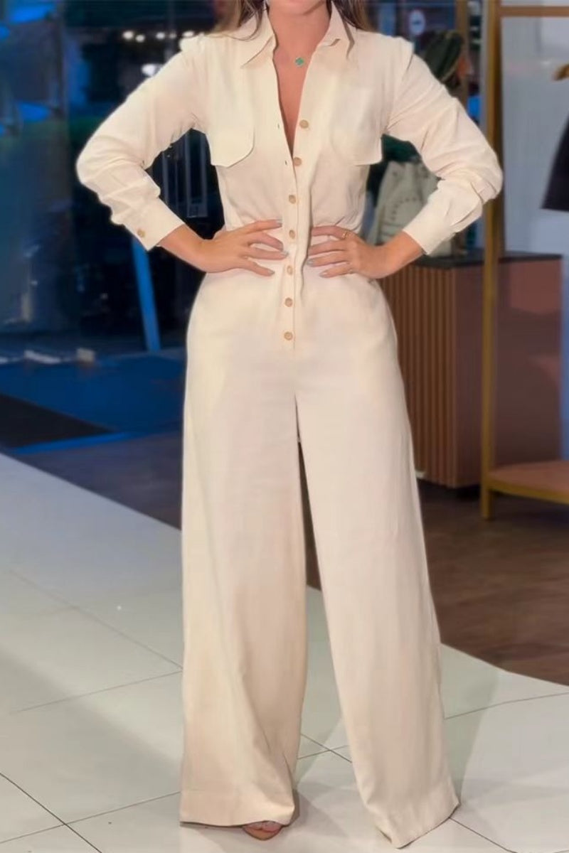 Combinaisons décontractées, couleur unie, poches, col montant, coupe droite.