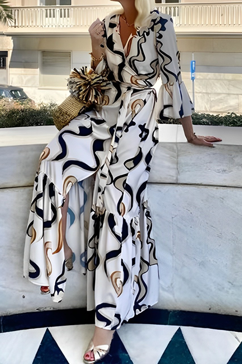 Tenues-robes unies décontractées à imprimé géométrique, à lacets, avec col en U contrasté.