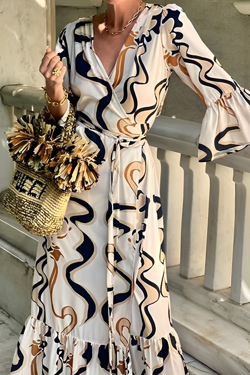 Tenues-robes unies décontractées à imprimé géométrique, à lacets, avec col en U contrasté.