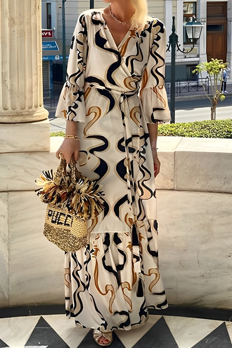 Tenues-robes unies décontractées à imprimé géométrique, à lacets, avec col en U contrasté.