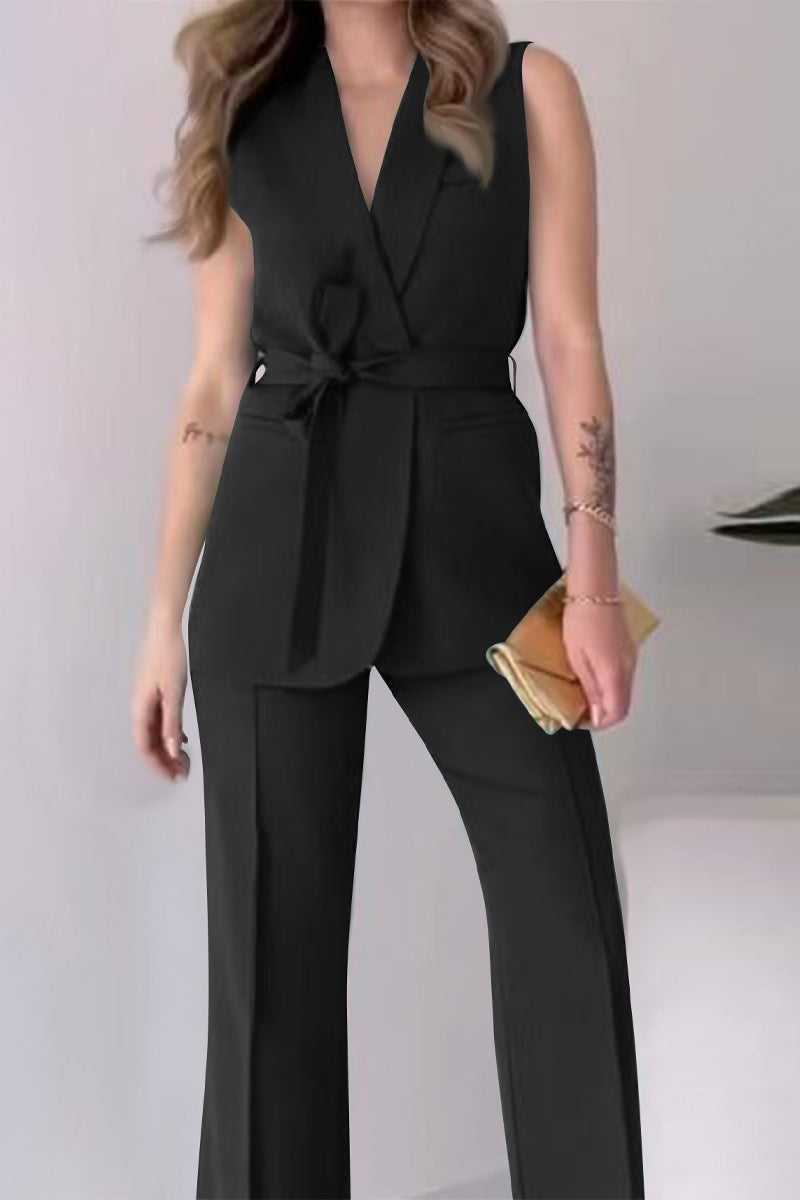 Tenue décontractée, deux pièces, couleur unie, col en V, sans manches, à lacets (6 couleurs)