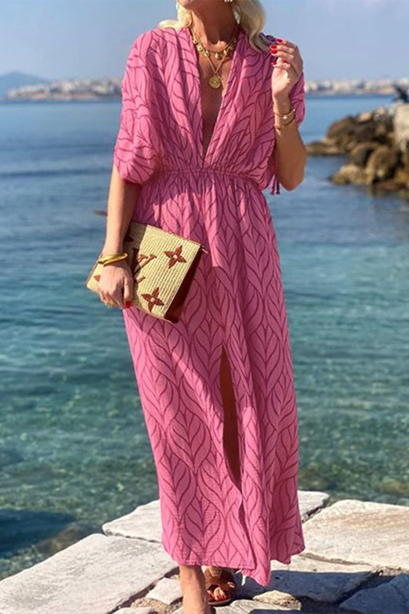 Robe décontractée, imprimé géométrique, fente, col en V asymétrique, longueur irrégulière, pour les vacances.