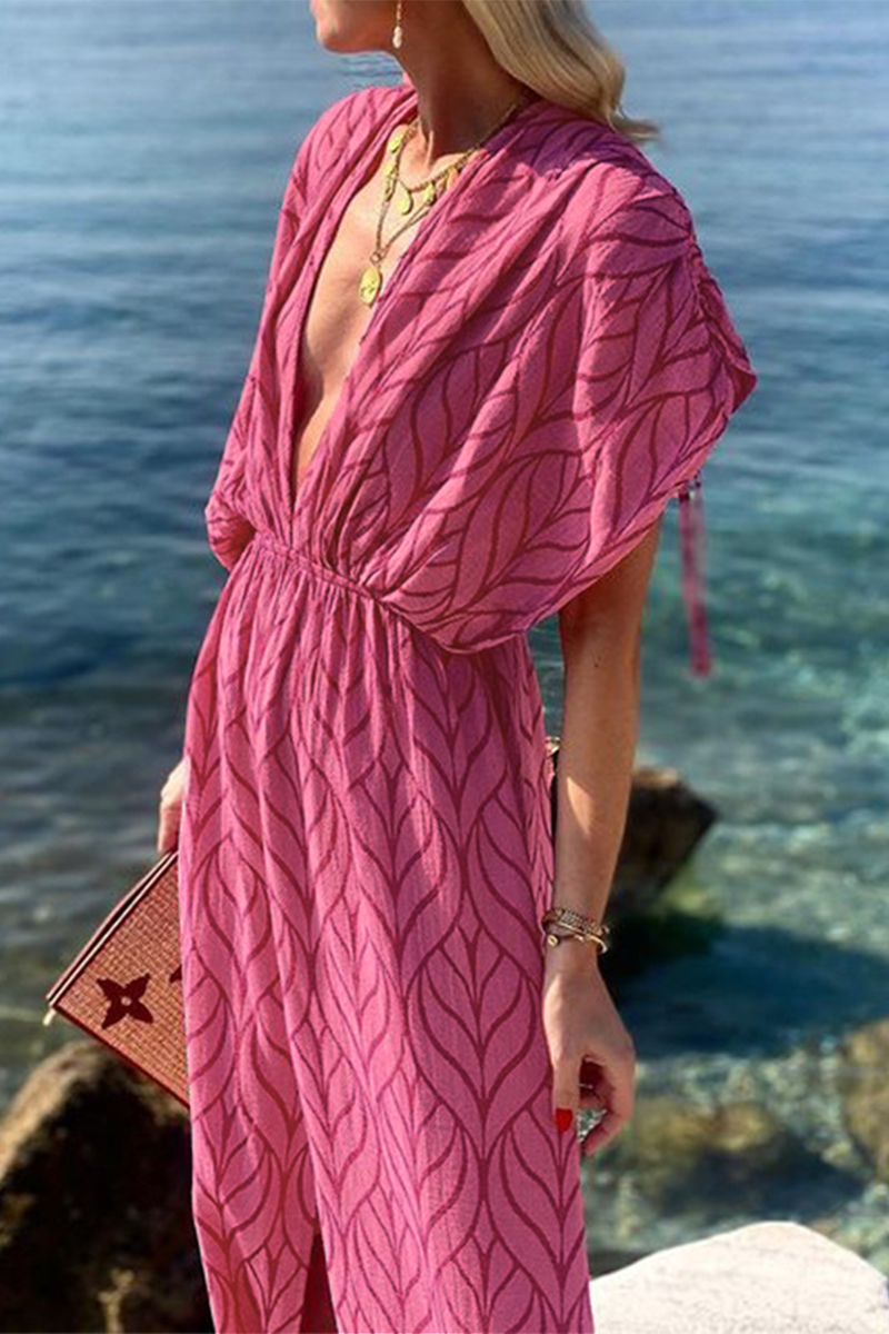 Robe décontractée, imprimé géométrique, fente, col en V asymétrique, longueur irrégulière, pour les vacances.