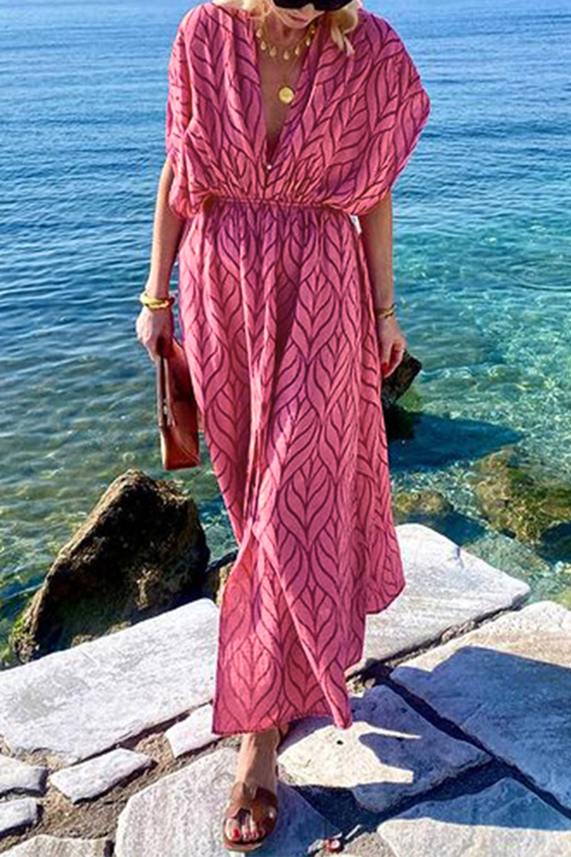 Robe décontractée, imprimé géométrique, fente, col en V asymétrique, longueur irrégulière, pour les vacances.