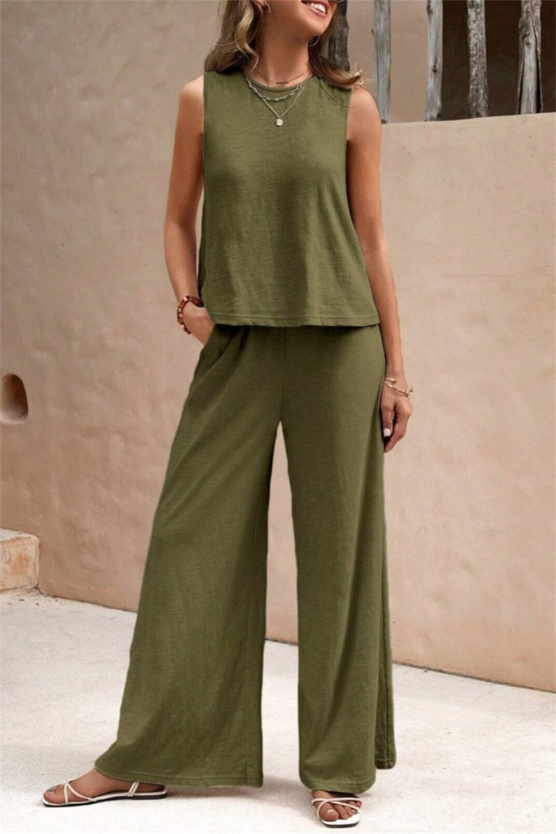 Tenue décontractée, deux pièces, sans manches, col rond, couleur unie, basique (5 couleurs)