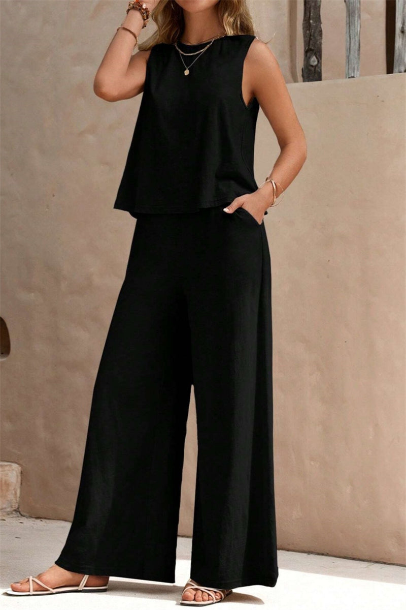 Tenue décontractée, deux pièces, sans manches, col rond, couleur unie, basique (5 couleurs)