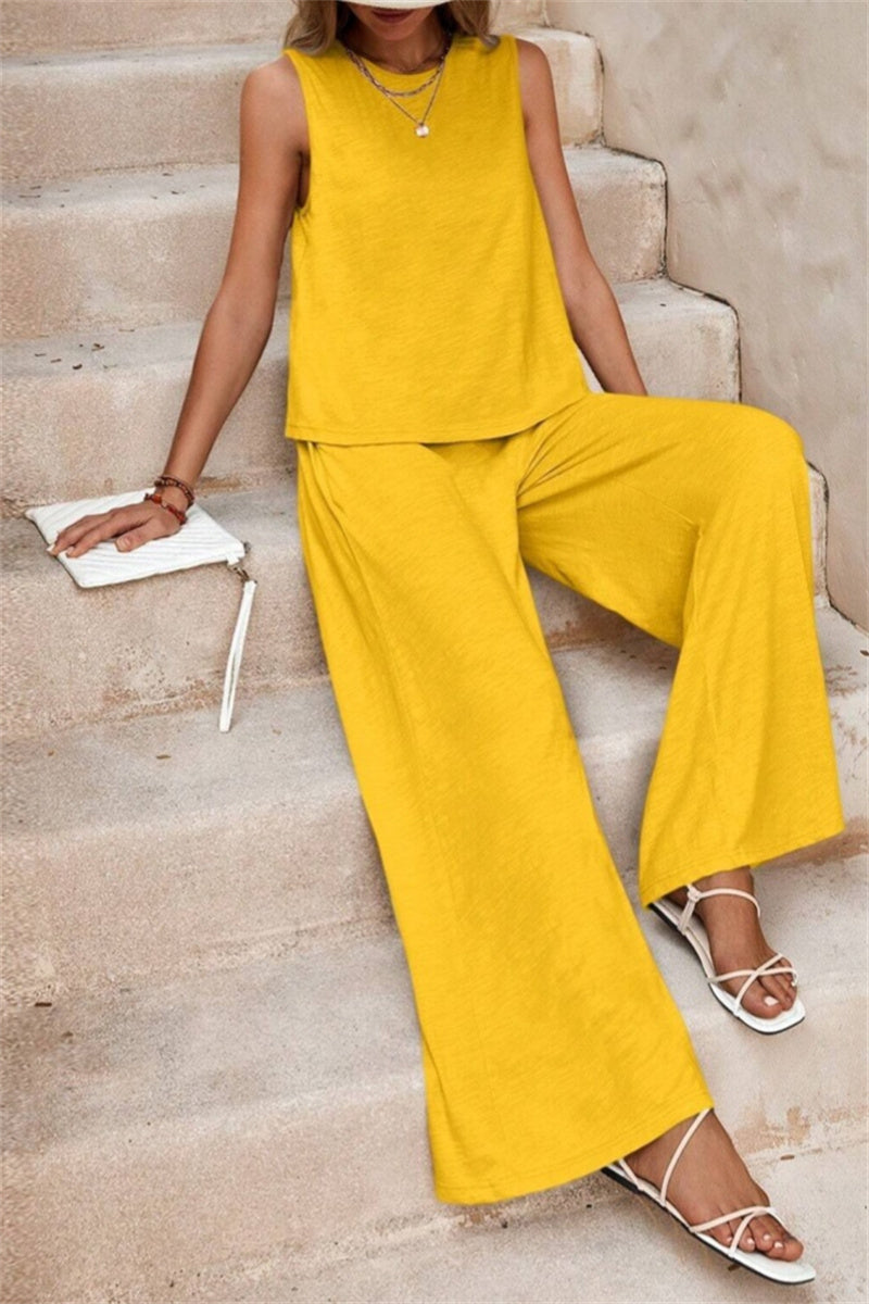 Tenue décontractée, deux pièces, sans manches, col rond, couleur unie, basique (5 couleurs)