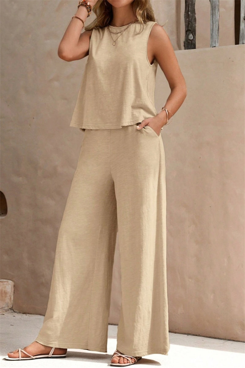 Tenue décontractée, deux pièces, sans manches, col rond, couleur unie, basique (5 couleurs)