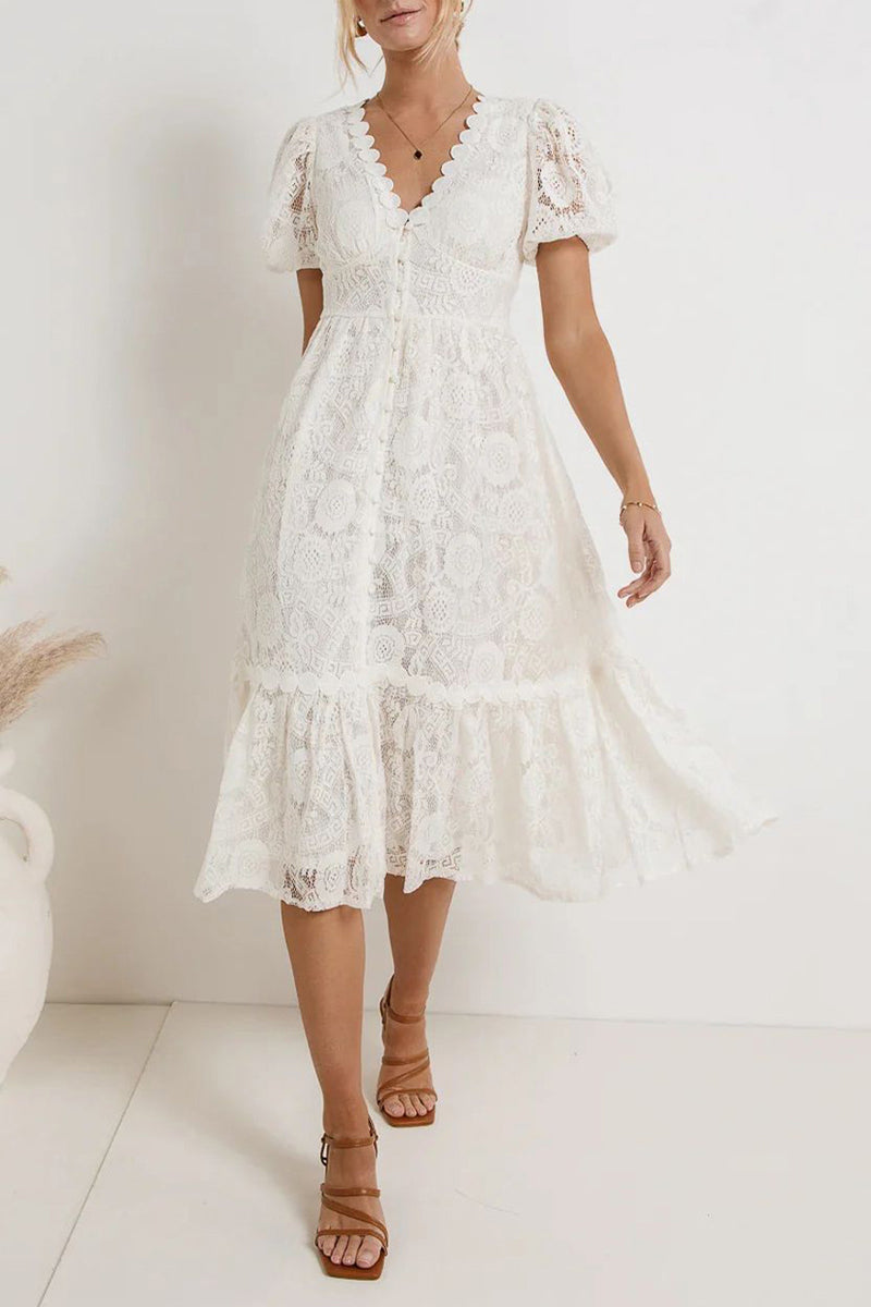 Robes décontractées, longueur midi, couleur unie, boutons en dentelle, col en V, style A (4 couleurs)