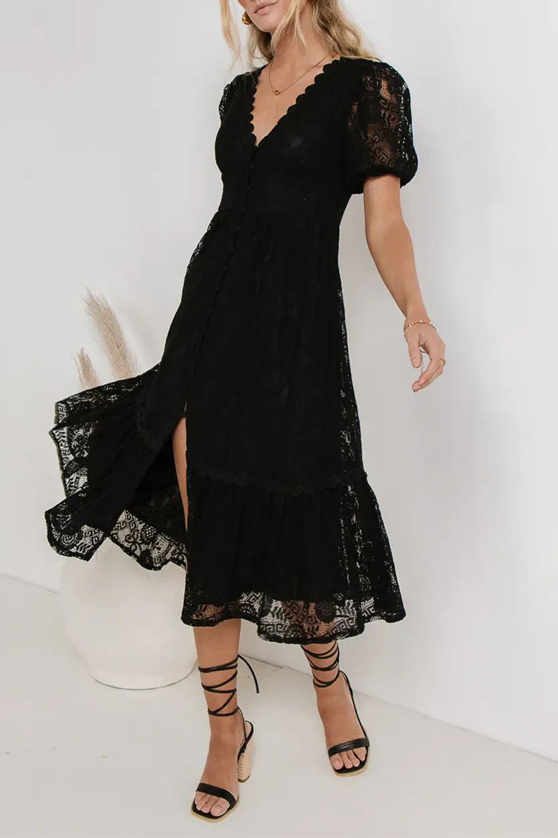 Robes décontractées, longueur midi, couleur unie, boutons en dentelle, col en V, style A (4 couleurs)