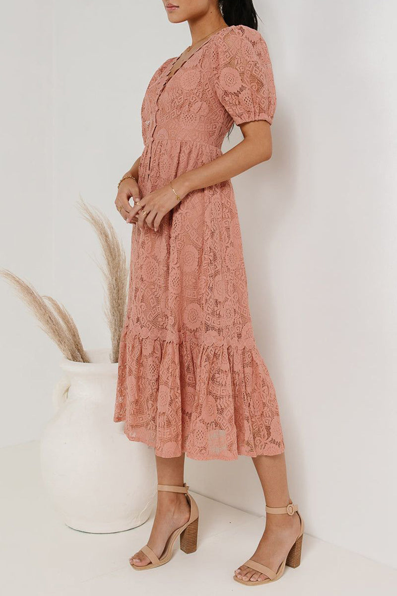 Robes décontractées, longueur midi, couleur unie, boutons en dentelle, col en V, style A (4 couleurs)