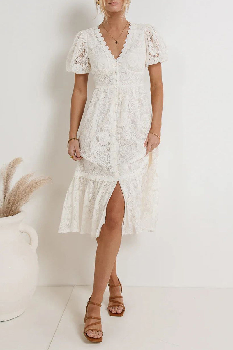 Robes décontractées, longueur midi, couleur unie, boutons en dentelle, col en V, style A (4 couleurs)