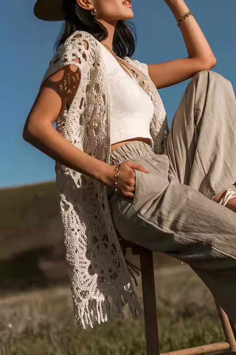 Casual Vacation Hollow Out Fringed Hem V Neck Waistcoats