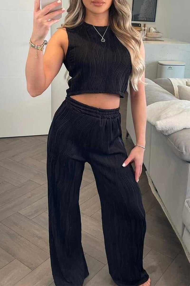 Tenue décontractée, couleur unie, texture texturée, col rond, sans manches, deux pièces (6 couleurs)