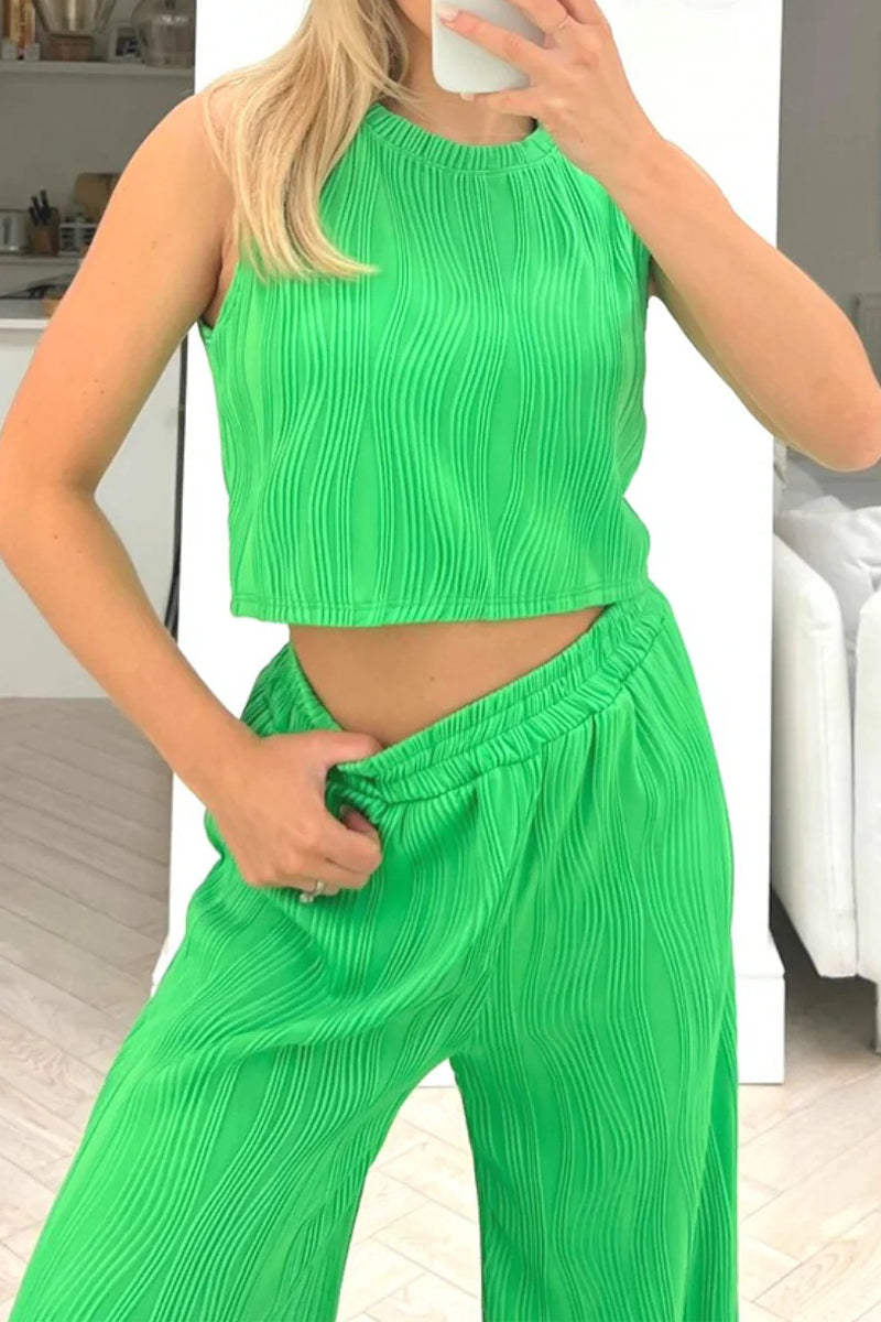 Tenue décontractée, couleur unie, texture texturée, col rond, sans manches, deux pièces (6 couleurs)