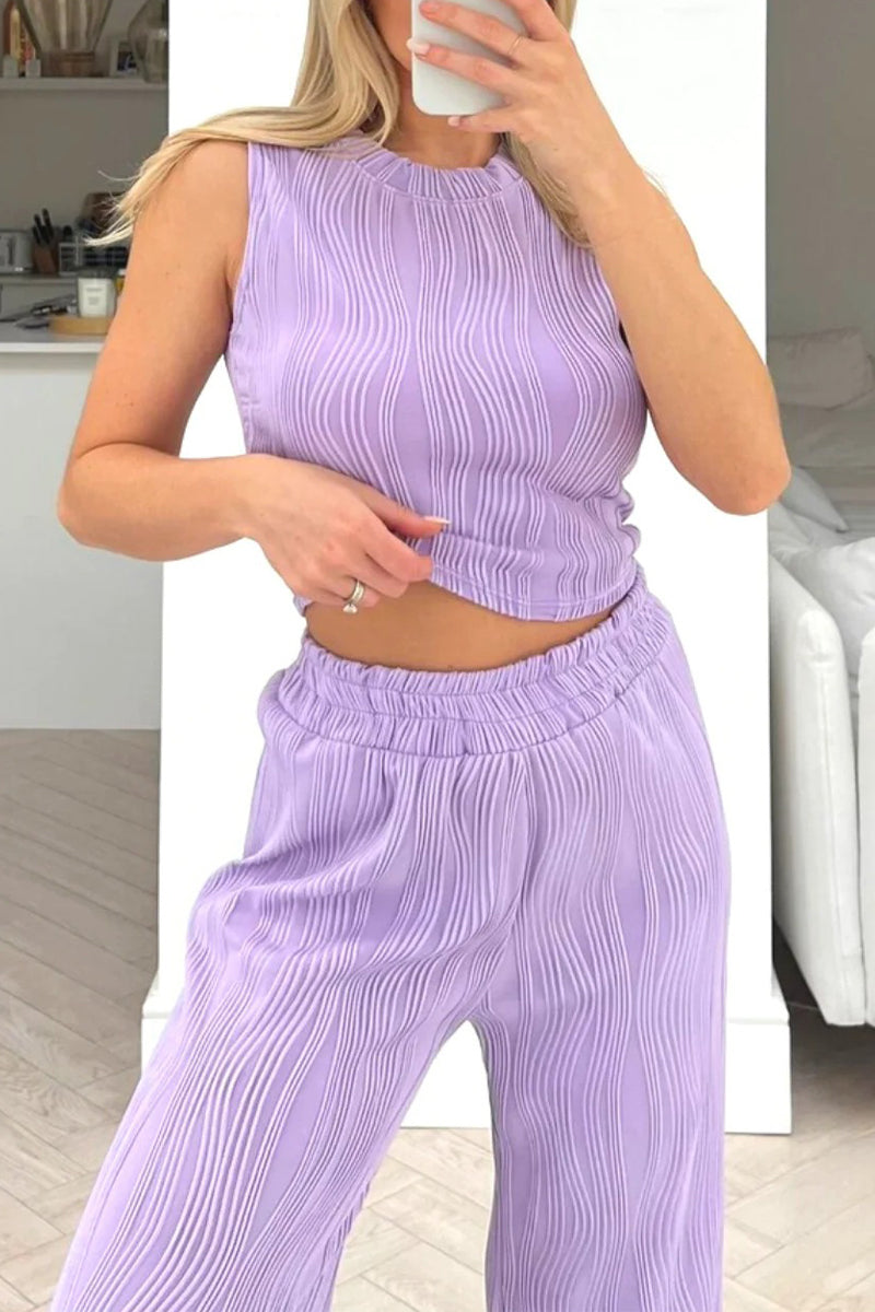 Tenue décontractée, couleur unie, texture texturée, col rond, sans manches, deux pièces (6 couleurs)