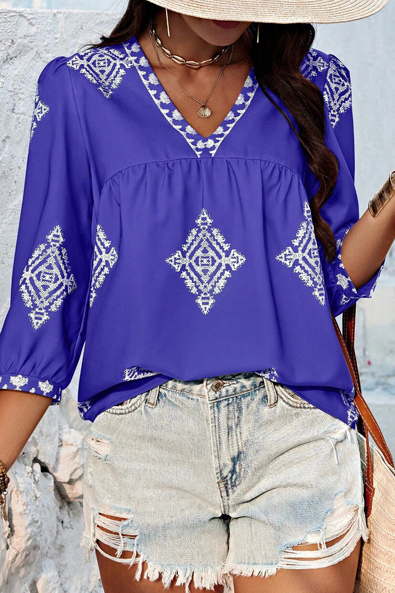 Hauts décontractés à col en V et imprimé géométrique pour tous les jours (6 couleurs)