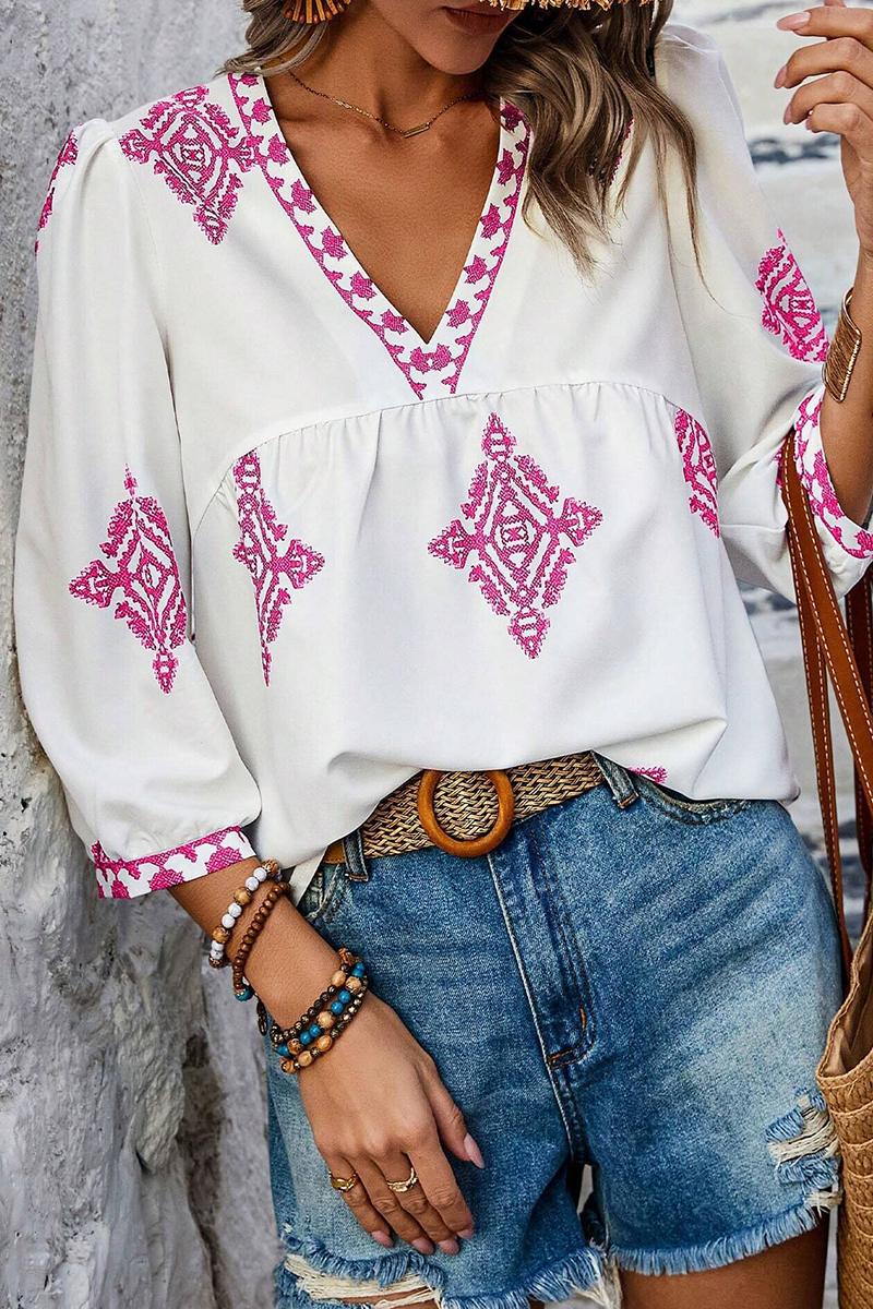 Hauts décontractés à col en V et imprimé géométrique pour tous les jours (6 couleurs)