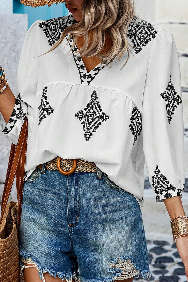 Hauts décontractés à col en V et imprimé géométrique pour tous les jours (6 couleurs)