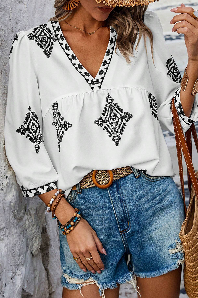 Hauts décontractés à col en V et imprimé géométrique pour tous les jours (6 couleurs)