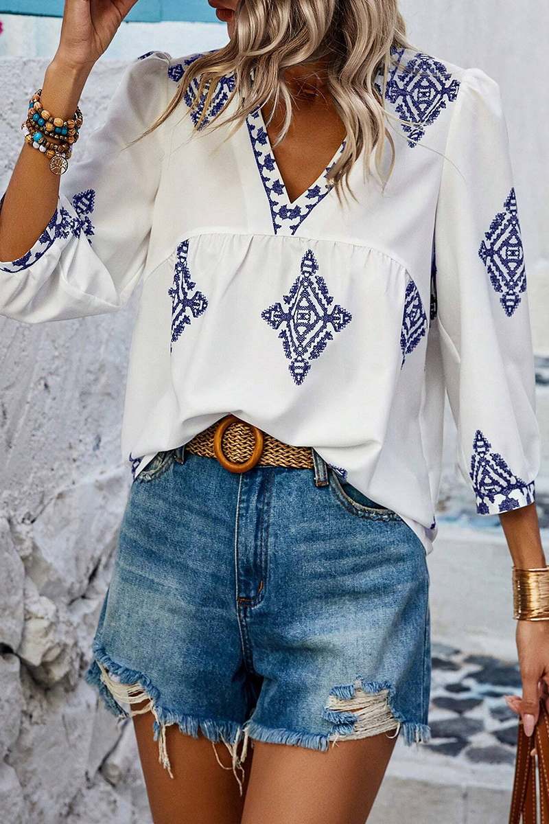 Hauts décontractés à col en V et imprimé géométrique pour tous les jours (6 couleurs)