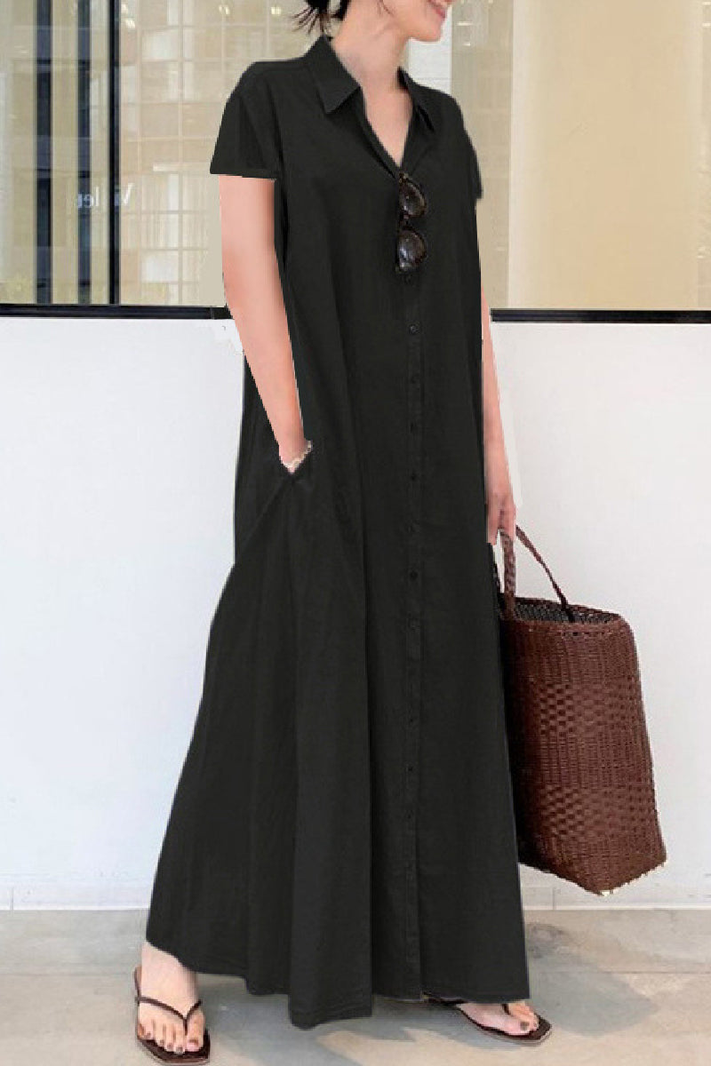 Casual Solid Color Print Patchwork Shirt Collar Long Dresses(6 Colors)